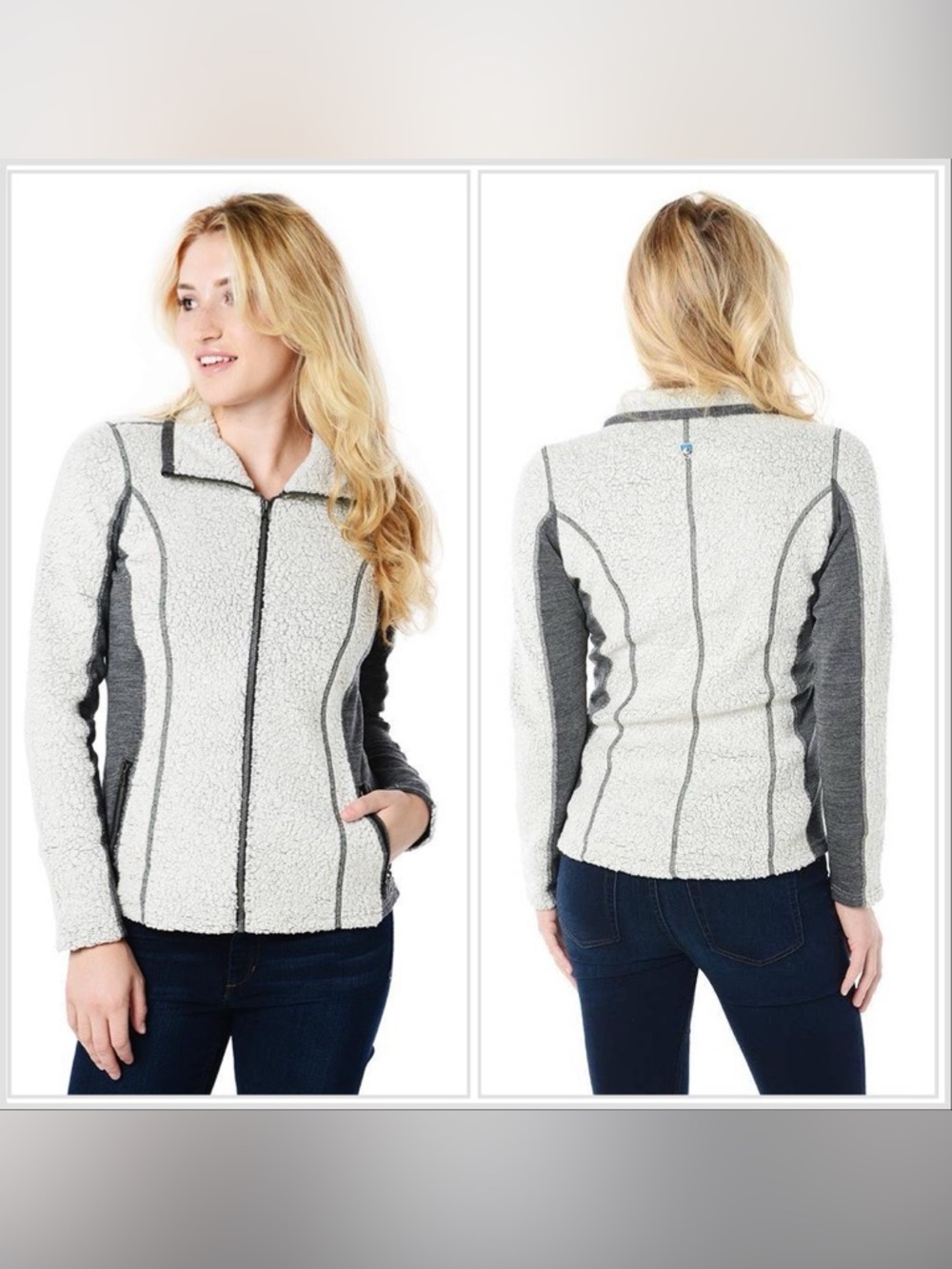 Kuhl Women’s Kozet Full-Zip Fleece Jacket Cream/Gray Medium Sherpa Wool‎ Blend